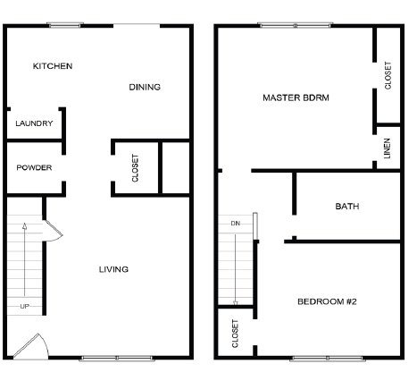 A floor plan of a house with two bedrooms, a living room, a kitchen, a bathroom, a powder room, and a laundry area.